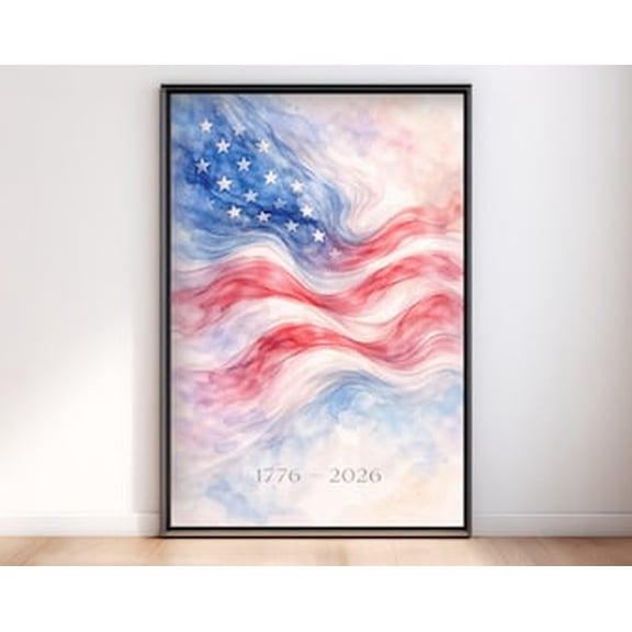 Watercolor America 250 Poster, Waving American Flag, 1776 2026 Print, Modern Patriotic Wall Decor, 24x36 UNFRAMED