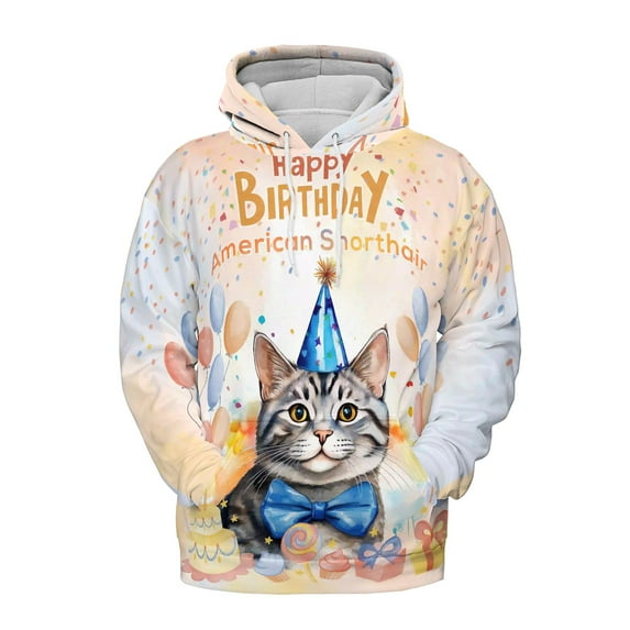 Watercolor American Shorthair Happy Birthday Celebration Balloons Gift Party All Over Print 3D Hoodie Unisex Merch Hoodies Cat Lover Kitten Owner Gifts - 00028