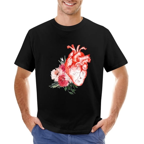 Watercolor Anatomical Heart And Flower Vintage T-shirt Mens Cotton Classic Crewneck Short Sleeve Tees Unisex Black 4XL