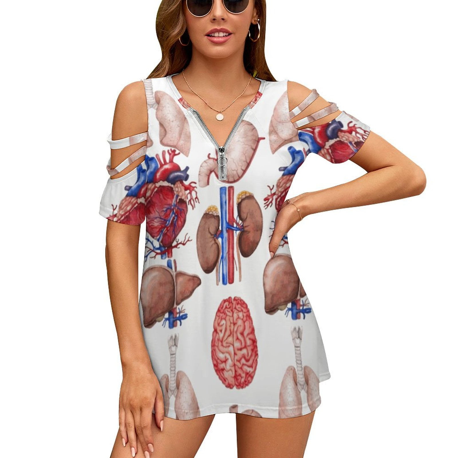 Watercolor Anatomy Collection Human Heart Head Zip Off Shoulder Top for