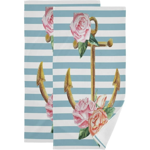 Watercolor Anchor Hand Towels 2 PCS, Flowers Roses Blue Strip Kitchen Towel Ultra Soft and Highly Absorbent,Decorative Fingertip Face Towel for Bathroom Hotel, 28.3"x14.4"