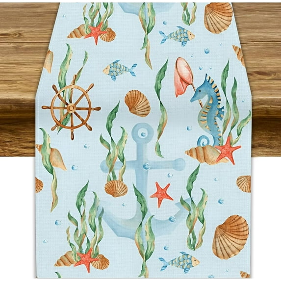 Watercolor Anchor Table Runner, Summer Underwater Cute Fishes Seahorse Nautical Anchor Seashells Bubbles Print Table Runner for Kids Birthday Party Picnic Kitchen Decor, 13.8x71inch