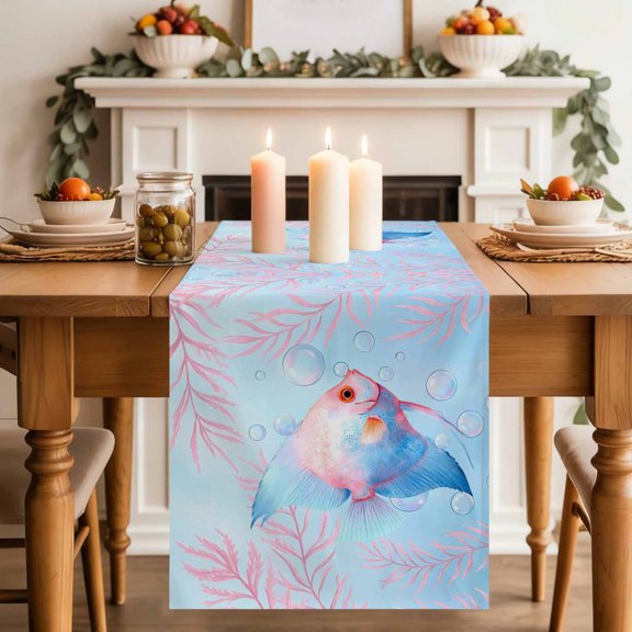 Watercolor Angelfish Table Runner, Pink Blue Gradient Undersea World Cotton Linen Kitchen Table Decoration Washable Dining Tabletop Runners for Home Party Decor 14x72 Inches