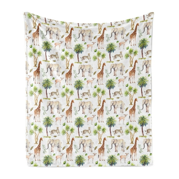 Watercolor Animal Soft Flannel Fleece Blanket, Wild Animals Giraffe Cheetah Antelope Savannah Palm Trees Safari Tropic, Cozy Plush for Indoor and Outdoor Use, 70" x 90", Multicolor, by Ambesonne