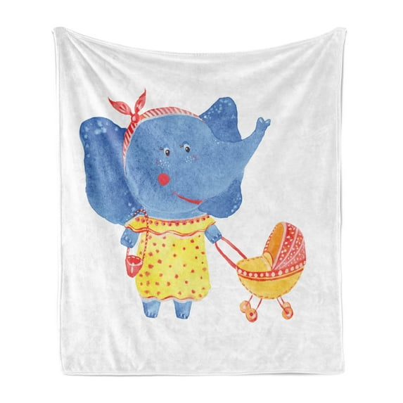 Watercolor Animal Soft Flannel Fleece Throw Blanket, Mother and Stroller Baby New Born Childhood Family Design, Cozy Plush for Indoor and Outdoor Use, 50" x 60", Azure Blue Yellow Red, by Ambesonne