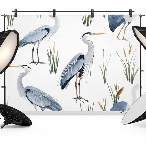 Watercolor Animals Backdrop for Photography, Herons Reeds Hand Drawn Illustration Photo Backdrop Portrait Background Party Banner Photo Backgrounds for Studio Booth Props, 7x5ft