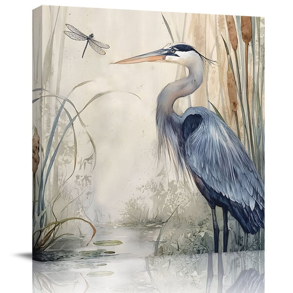 Watercolor Animals Blue Heron Canvas Artwork Painting Art, Reed Dragonfly Square Framed Wall Decorations Prints Picture for Bedroom Kitchen Living Room, 12x12 in