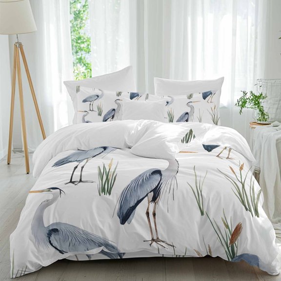 Watercolor Animals Duvet Cover Set Queen Size, Herons Reeds Hand Drawn Illustration 4 Piece Soft Microfiber Bedding Set with 1 Duvet Cover, 1 Flat Sheet, 2 Pillowcases