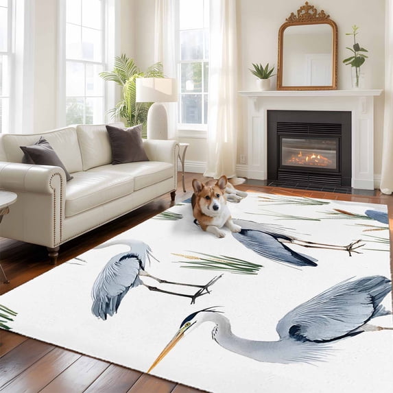 Watercolor Animals Large Area Rugs 5x8 ft Herons Reeds Hand Drawn Illustration Washable Rug Non Slip Indoor Carpet Absorbent Floor Mat for Living Room Bedroom Dining Room
