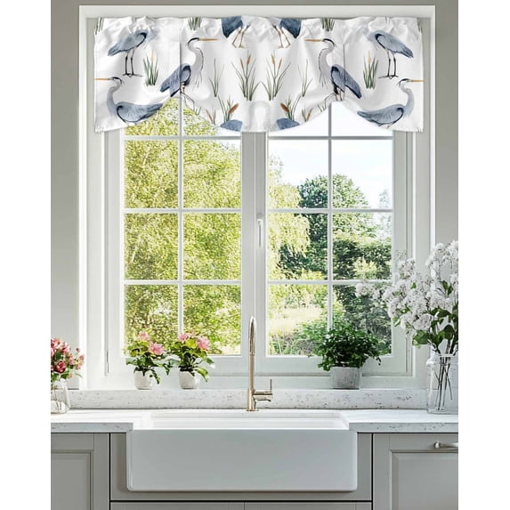 Watercolor Animals Tie Up Valances Curtain, Adjustable Kitchen Herons Reeds Hand Drawn Illustration Valances for Windows Decor, Rod Pocket Short Curtains Set for Bedroom/Bathroom, 60"x18"