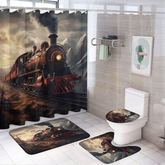 Watercolor Antique Steam Train Shower Curtain Sets 4 Piece,Vintage Steampunk Theme Wild West Old Steam Train Bathroom Decor Sets with Rugs Include Waterproof Non-Slip Toilet Lid Cover Bath Mat