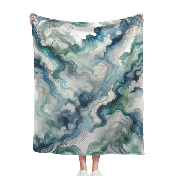 Watercolor Aqua & Blue Toned Modern Minimalistic Abstract Ocean Wave Vibes Design Gift Lightweight Cozy Soft Flannel Throw Blanket 50x60 inches for Couch, Bed, Living Room, and Travel
