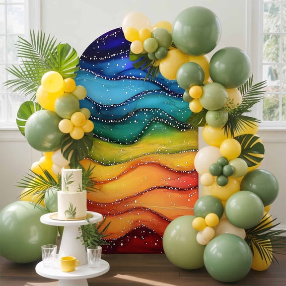 Watercolor Arch Backdrop Cover, 7.2FT, Marble Texture Rainbow Wave Beach Spandex Arch Covers Double-Sided Backdrop for Wedding Birthday Party Photo Background Decoration