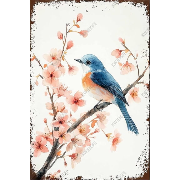 Watercolor Art Blue Bird Metal Tin Sign  Tranquility Wall Decor for Living Room Wall Bedroom Decor Sunroom Accent Nature Lovers Gift 8x12 Inch