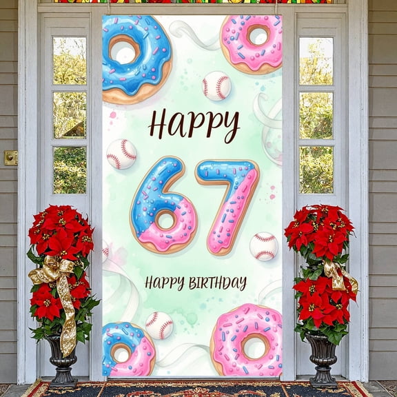 Watercolor Art Happy 67 Birthday Banner Blue-Pink Bicolor 67th Birthday Backdrop Baseball Pattern Sprinkle Detail Sweet Birthday Background for 67th Birthday Parties Home Party Decor Sports Lover
