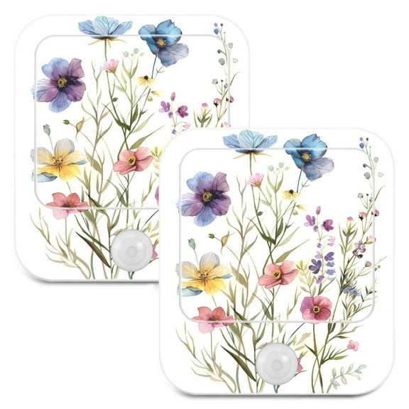 Watercolor Art Wildflower 2 Pack LED Motion Sensor Night Light Plug into Wall Auto Dusk to Dawn Adjustable Brightness for Kids Bedroom Hallway Nursery Room