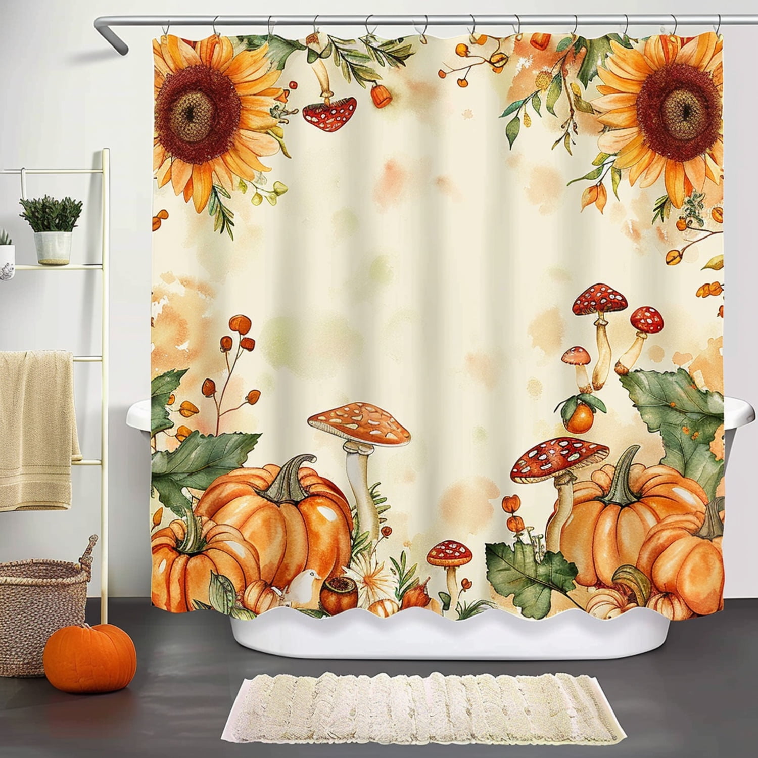 Watercolor Autumn Bathroom Set Pumpkins Mushrooms Sunflowers on Cream