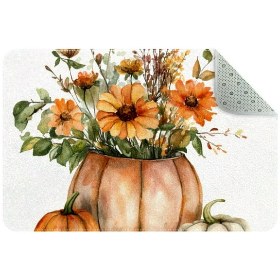 Watercolor Autumn Pumpkin Bouquet Flowers Pot Small Area Rug, Non-Slip Door Mat Indoor Floor Mat, Washable Kitchen Rug Entrance DMat for Bedroom Living Room