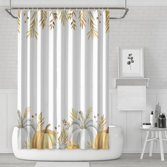 Watercolor Autumn Pumpkins Eucalyptus Leaves Shower Curtains,Reusable Bathtub Curtains with Hooks Basic Polyester Fabric Curtains for Halloween Thansgiving Christmas Hotel Dorm