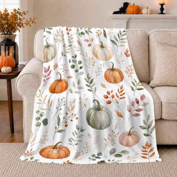 Watercolor Autumn Pumpkins Quilted White Harvest Scene Rustic, Rustic Botanical Portrait, Warm Flannel Blanket for Sunroom and Reading Nook, Garden Lovers Thanksgiving Gift, Rustic Home Decor