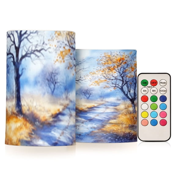 Watercolor Autumn Trees Flickering Flameless Candles Battery Operated with Remote Timer LED Pillar Candles Set of 2