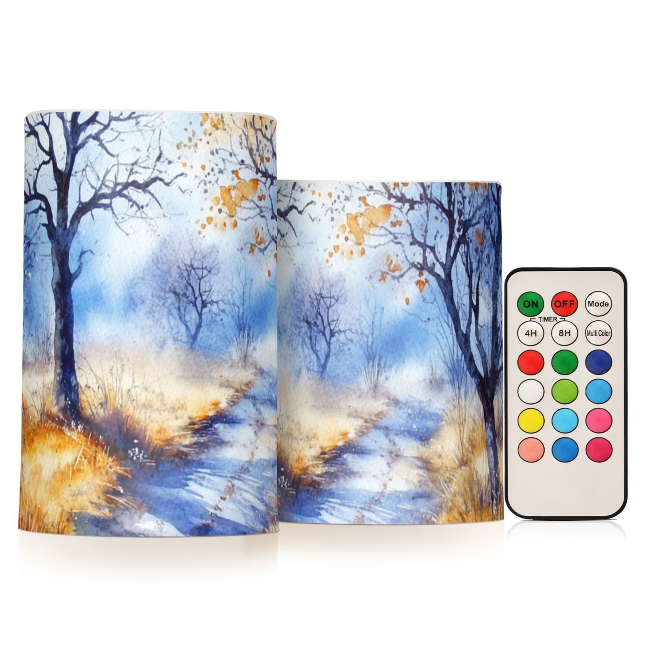 Watercolor Autumn Trees Flickering Flameless Candles Battery Operated with Remote Timer LED Pillar Candles Set of 2