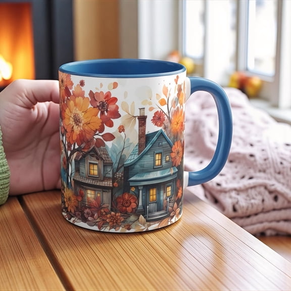 Watercolor Autumn Village Mug Cottage Coffee Cup Fall Floral Tea Mug Thanksgiving Ceramic Harvest Decor