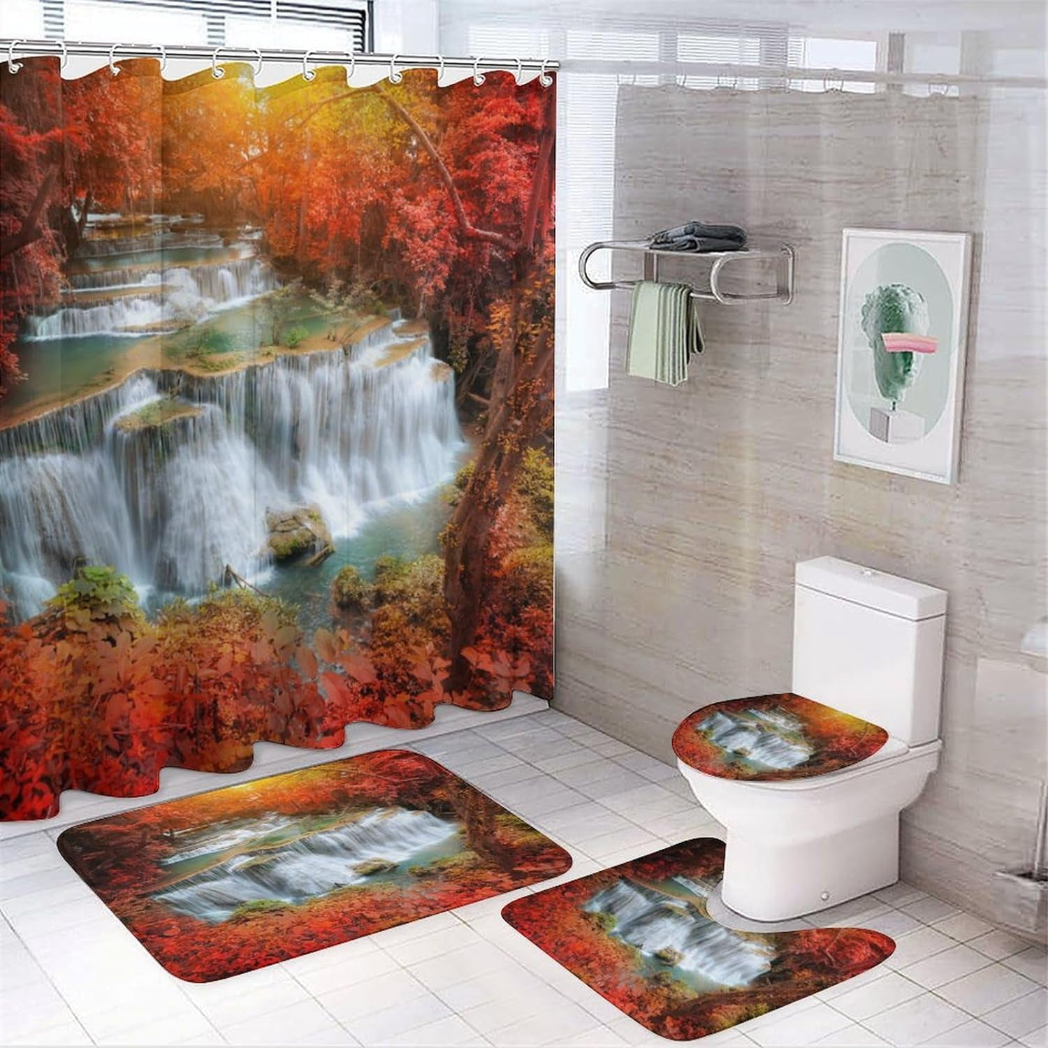 Watercolor Autumn Waterfall Shower Curtain 4 Piece,Fantasy Fall Forest  Plants Floral Beautiful Waterfall Bathroom Decor with Rugs Include  Waterproof ...