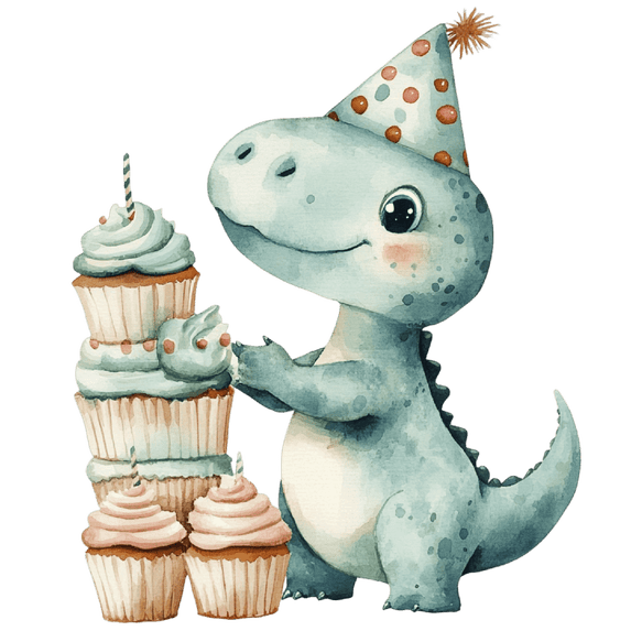Watercolor Baby Green Dinosaur with Hat Stacking Cupcakes Edible Icing Image Cake Border Strips & Cake Toppers, by TNCT (3 Count)
