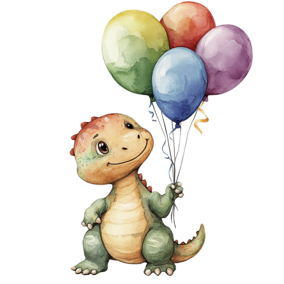 Watercolor Baby Green Dinosaur Looking up at Balloons Edible Icing Image Cake Border Strips & Cake Toppers, by TNCT (3 Count)