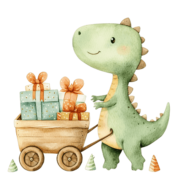 Watercolor Baby Green Dinosaur with Wagon Full Of Presents Edible Icing Image Cake Topper, by Tnct.