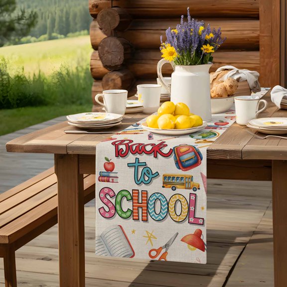 Watercolor Back to School Season Table Runner 13x36in Non-Slip Cotton Linen Table Runners, Bag Bus Book Pencil Linen Dresser Scarves TableRunner for Dinner Kitchen Dining Wedding Party