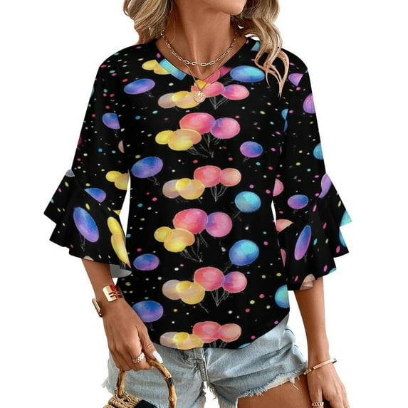 Watercolor Balloon Women's V-Neck Blouse With 3/4 Ruffled Bell Sleeves Casual Top Ladies Blouses