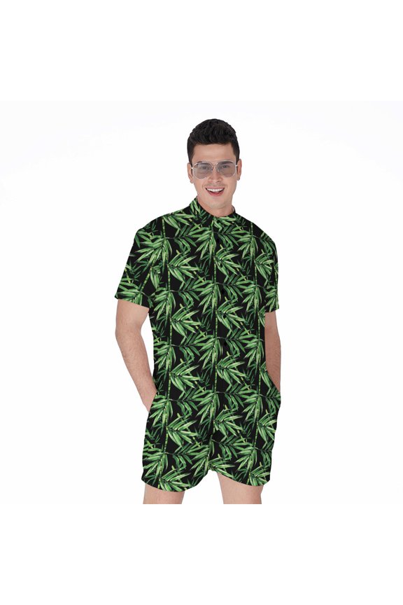 Watercolor Bamboo Pattern Short Sleeve Men'S Rompers Casual Summer Jumpsuits Outfit