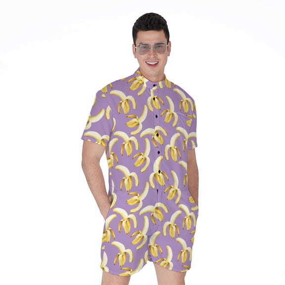 Watercolor Banana Pattern Short Sleeve Men'S Rompers, Banana Fruits Casual Summer Jumpsuits Outfit