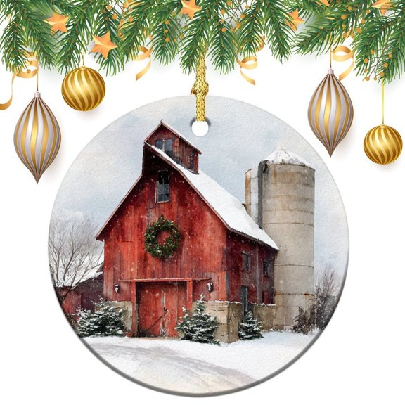 Watercolor Barn Ceramics Ornaments Christmas Barn Winter Farmhouse Double-Sided Printed 3" Ceramic Christmas Ornament for Boys Girls Round Ceramic Christmas Decoration Funny Gifts for Women/Men