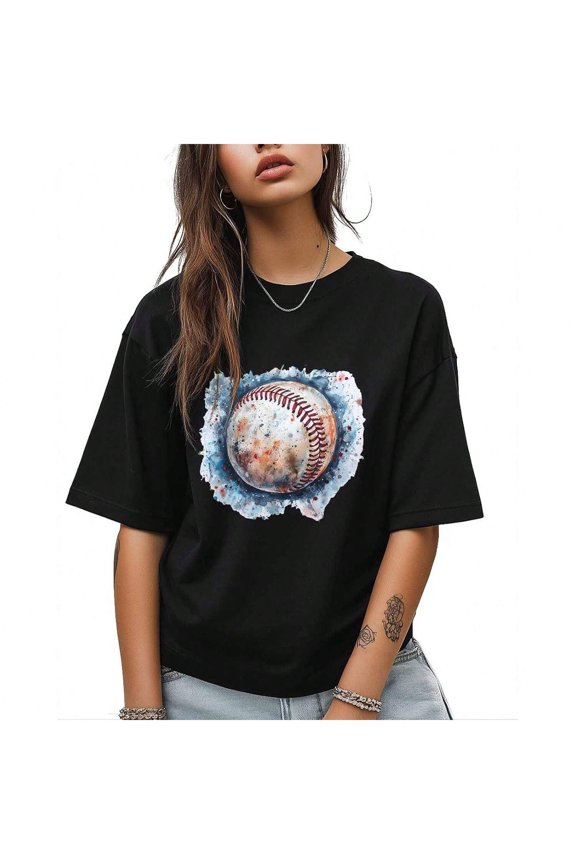 Watercolor Baseball Ink Blue T-Shirt For Women, T-Short Sleeve Print Crewneck Casual Tee Tops T-Shirt