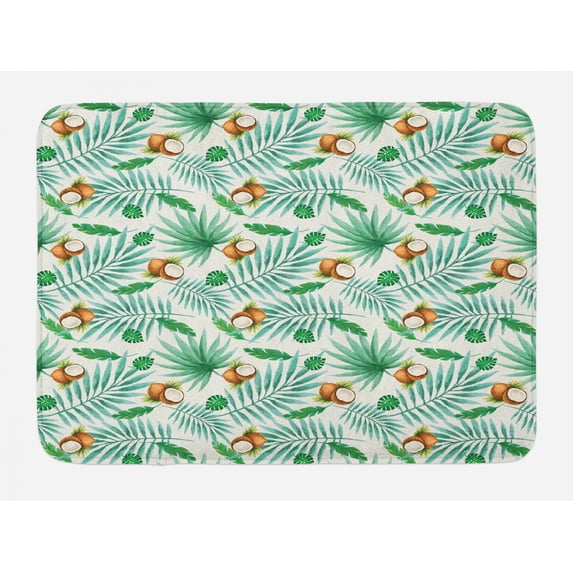 Watercolor Bath Mat, Coconut Fruit Exotic Nature Palm Tree Leaves Aloha Hawaii Polynesian Food, Non-Slip Plush Mat Bathroom Kitchen Laundry Room Decor, 29.5 X 17.5 Inches, Green Pale Brown, Ambesonne