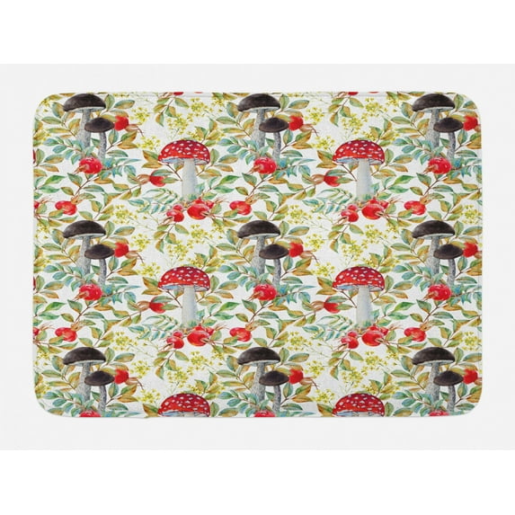 Watercolor Bath Mat, Hand Drawn Dogrose and Mushrooms Autumn Leaves Berries Amantias Nature Inspired, Non-Slip Plush Mat Bathroom Kitchen Laundry Room Decor, 29.5 X 17.5 Inches, Multicolor, Ambesonne