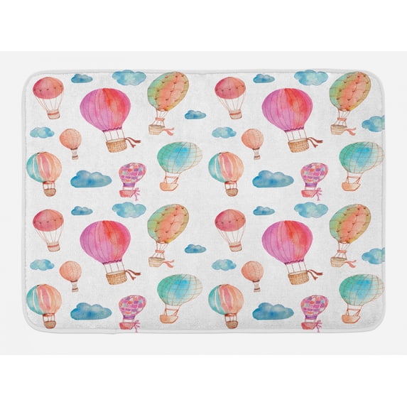 Watercolor Bath Mat, Hand Painted Style Set of Cute Floating Hot Air Balloons with Blue Clouds, Non-Slip Plush Mat Bathroom Kitchen Laundry Room Decor, 29.5 X 17.5 Inches, Blue Pink Coral, Ambesonne