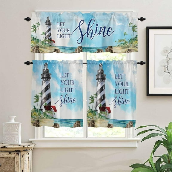 Watercolor Beach Lighthouse Kitchen Curtains and Valances Set, Cafe Curtains Tier Farmhouse Rod Pocket Half Window Curtain 24 Inch Length, 3 Piece Kitchen Curtain Set Let Your Light Shine
