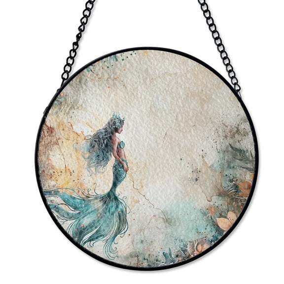 Watercolor Beach Mermaid Suncatcher Stained Glass Coastal Fantasy Decor