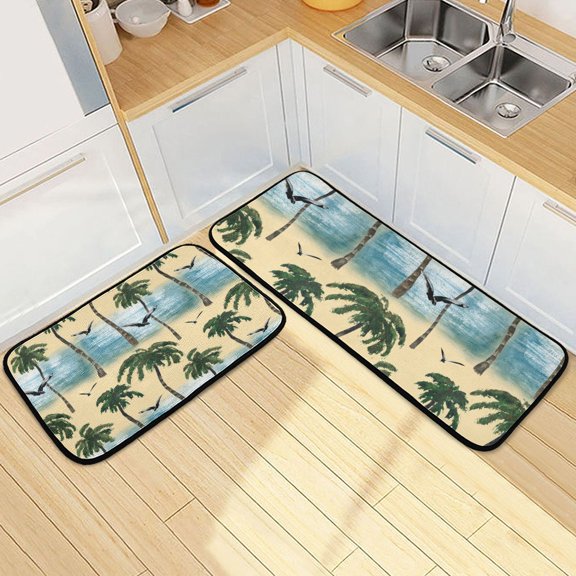 Watercolor Beach Palm Tree Kitchen Rugs Set of 2 Non Slip Floor Foam Mat Cushioned Soft Waterproof Carpet Runner for Dining Room Laundry