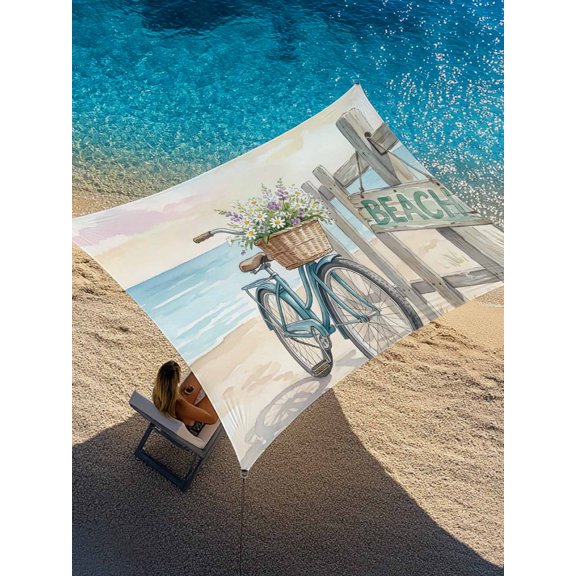 Watercolor Beach Scenery Sun Shade Sail 6.5' x 10', Retro Bicycle Flower Basket Country Rectangle Outdoor Sunshade Canopy, Waterproof UV Block Patio Covers for Garden Yard Beach