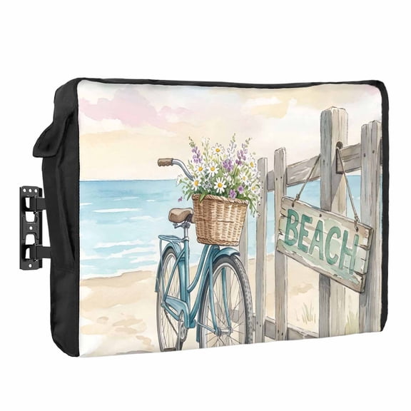 Watercolor Beach Scenery Waterproof Outdoor TV Cover, Retro Bicycle Flower Basket Country Outside Weatherproof TV Enclosures for 30 to 32 Inch LCD Television Shield Flat Screen Protectors