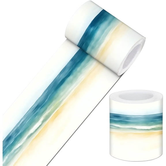 Watercolor Beach Sea Horizon Peel and Stick Wallpaper Border 4 x 196 Inch Self Adhesive Removable Wall Trim Vinyl Border for Bathroom Kitchen Bedroom Easy Install Decorative Wall Edge Accent