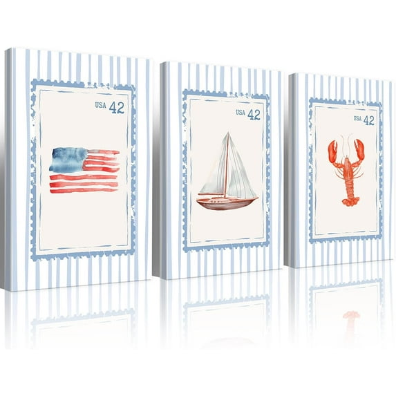 Watercolor Beach Wall Art Print,Blue Beach Sailboat Poster Canvas,Girly Preppy Wall Decor For Family Apartment Dormitory