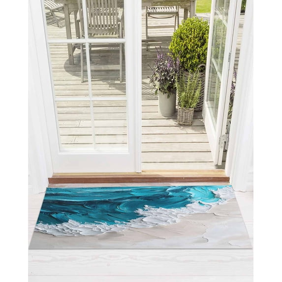 Watercolor Beach Wave Front Door Mat Abstract Blue Ocean Welcome Doormat Indoor Outdoor Entrance Floor Mat Non-Slip Washable Runner Rug for Front Porch Decor 20x63 Inch