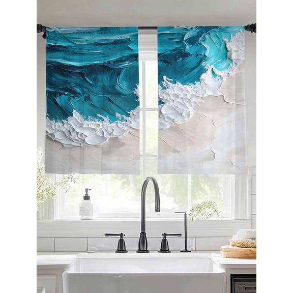 Watercolor Beach Wave Sheer Curtains 54 Inches Long 2 Panels Abstract Blue Ocean Light Filtering Semi Sheer Window Curtains Drapes for Bedroom Living Room 52"x54"