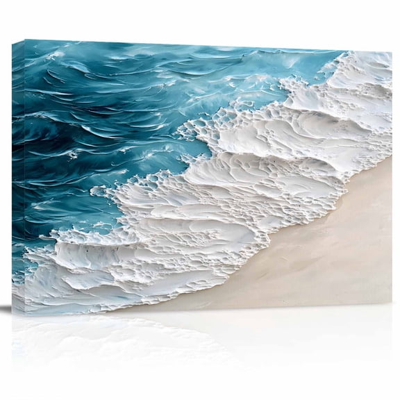 Watercolor Beach Waves Canvas Print Wall Art Abstract Blue Ocean Pictures Painting Morden Artwork for Living Room Bedroom, Ready to Hang - 12"x16"